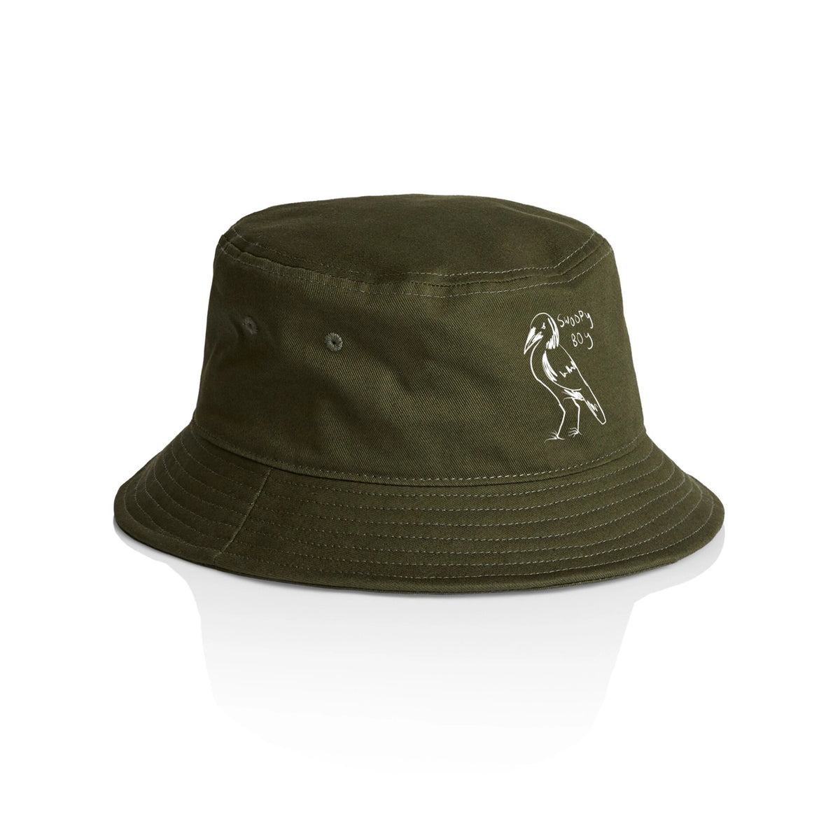 Army bucket hat with Swoopy Boy Hat graphic by Lonely Kids Club