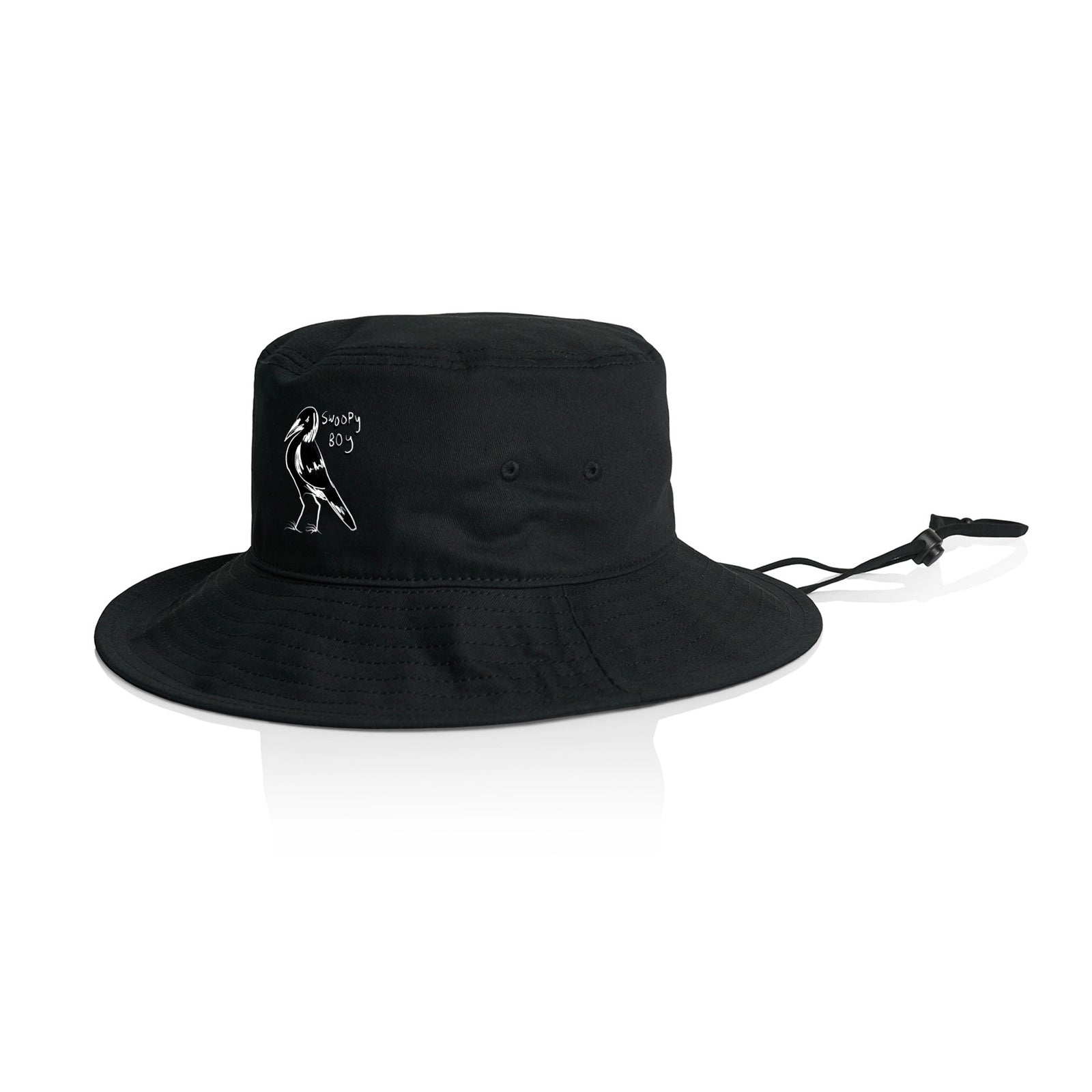 Black sun hat with Swoopy Boy Hat graphic by Lonely Kids Club