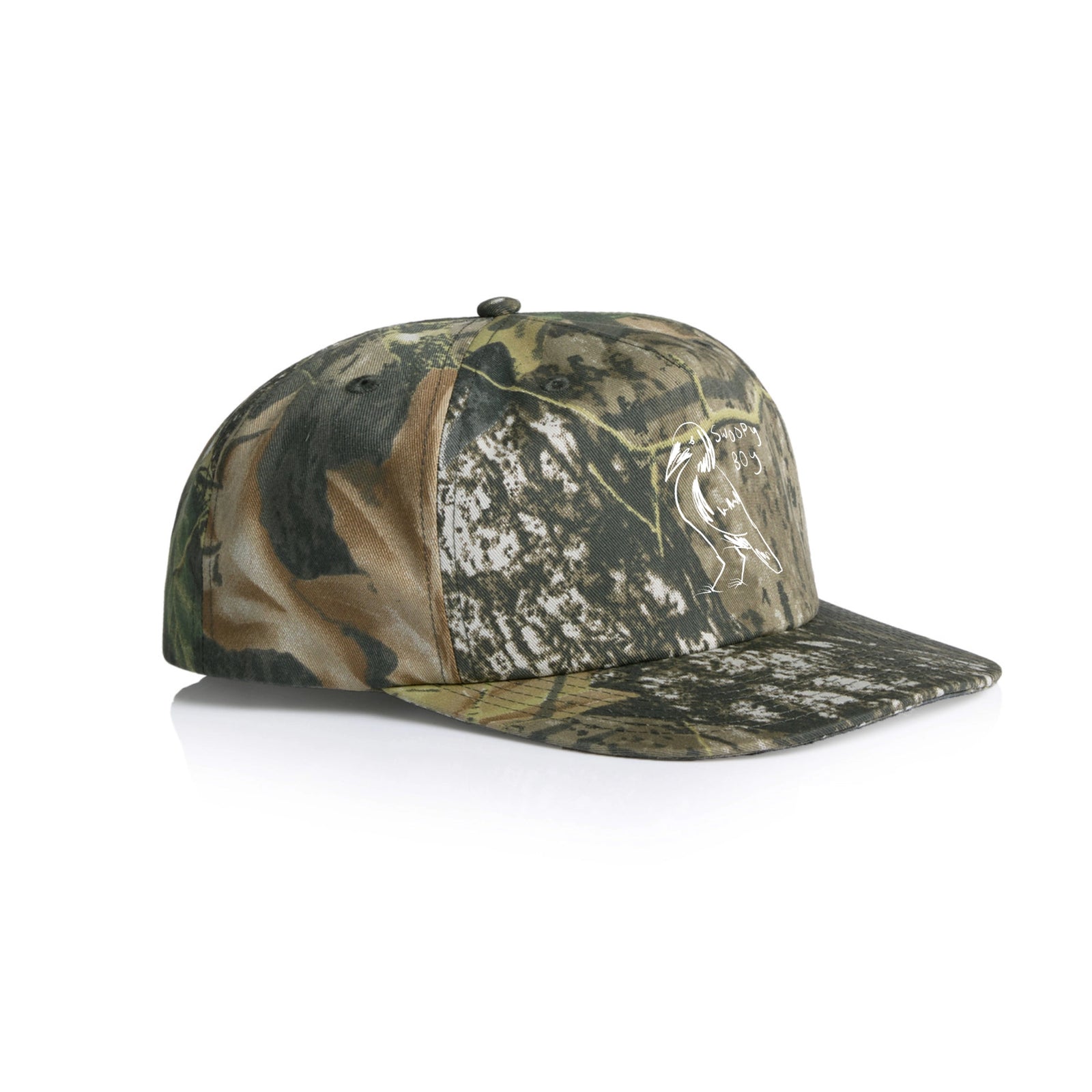 Camouflage active cap with Swoopy Boy Hat graphic by Lonely Kids Club