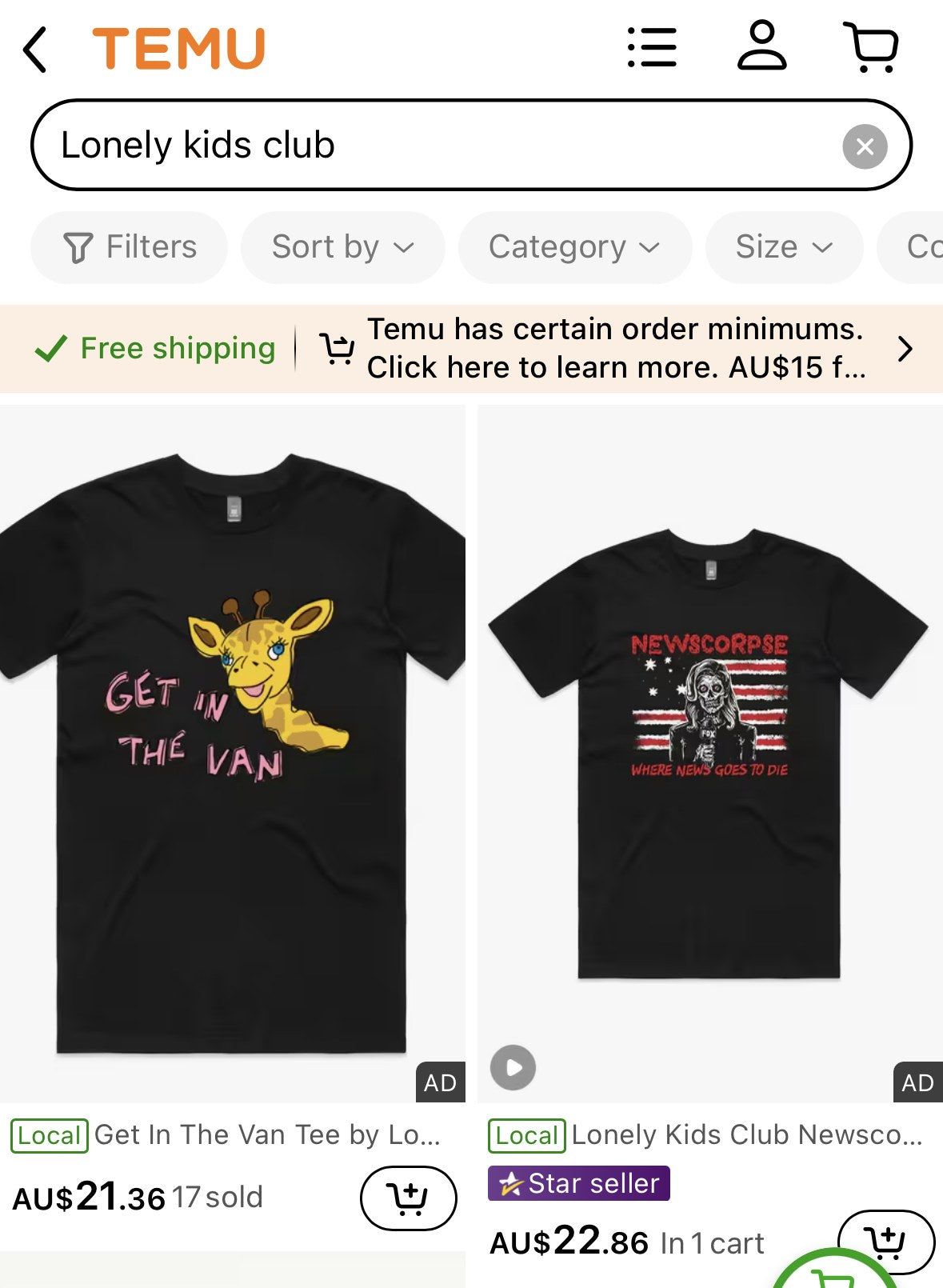 Temu search results for Lonely Kids Club showing copied Get In The Van and Newscorpse tees for sale