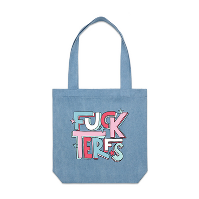 Fuck TERFs Tote by Lonely Kids Club. All clothing from our T-shirts to our shorts and hoodies are ethically made, and printed packed and shipped from Sydney.