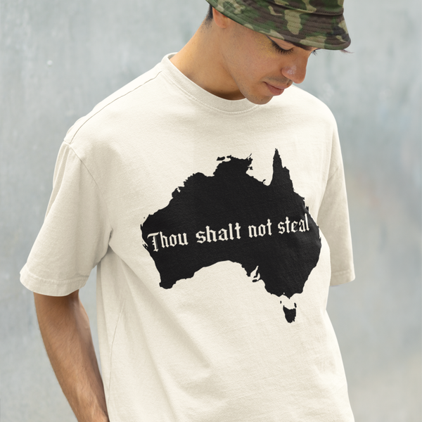 T-shirt with a black silhouette map of Australia and 'Thou Shalt Not Steal' text by Lonely Kids Club