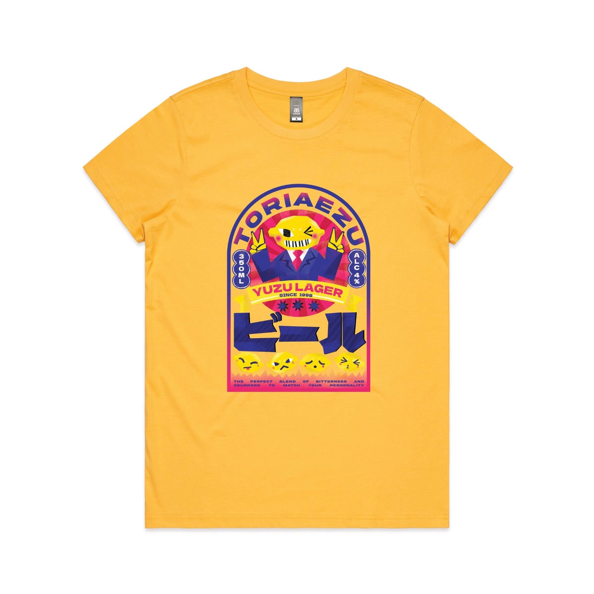 Yellow fitted womens t-shirt with Toriaezu graphic by Lonely Kids Club