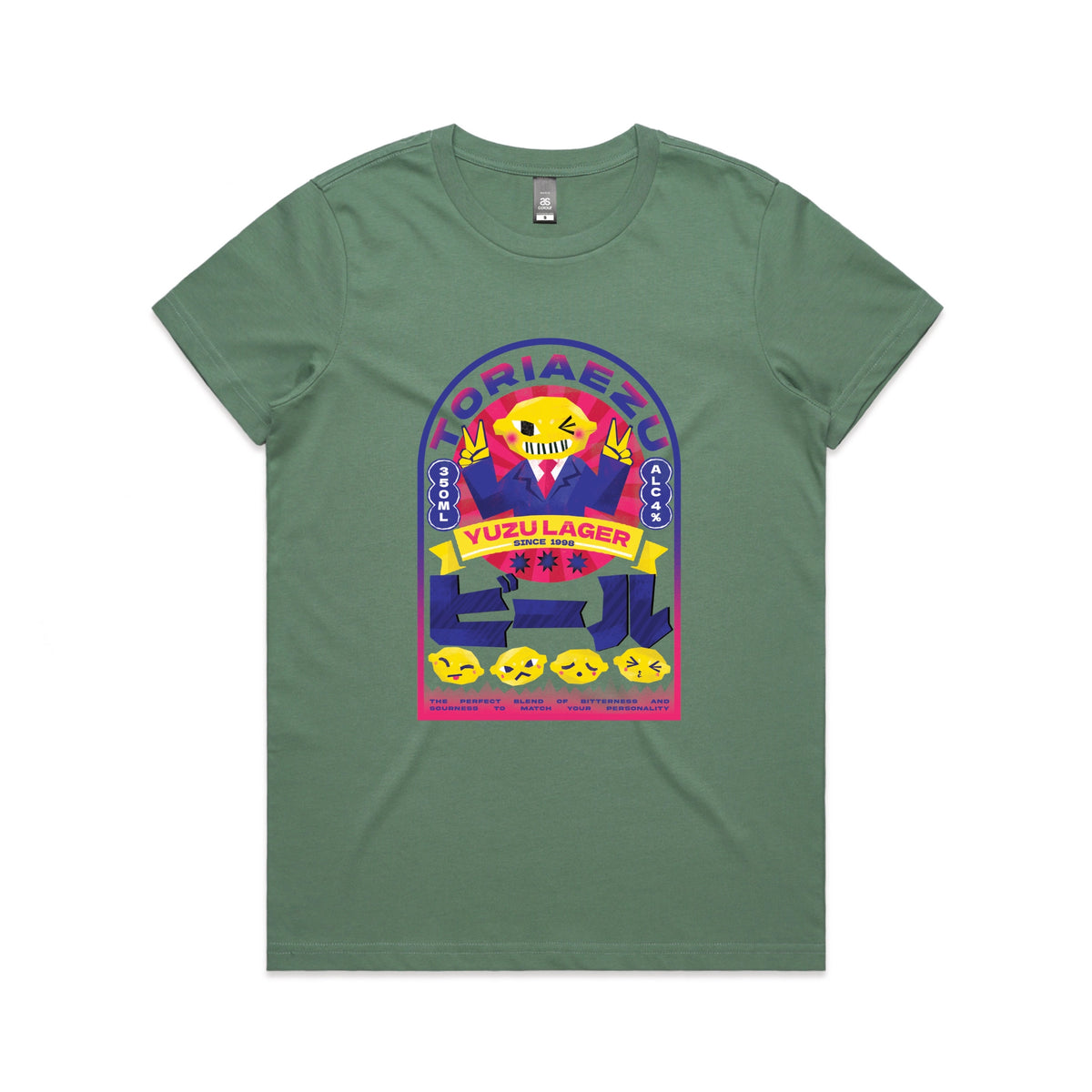 Sage fitted womens t-shirt with Toriaezu graphic by Lonely Kids Club