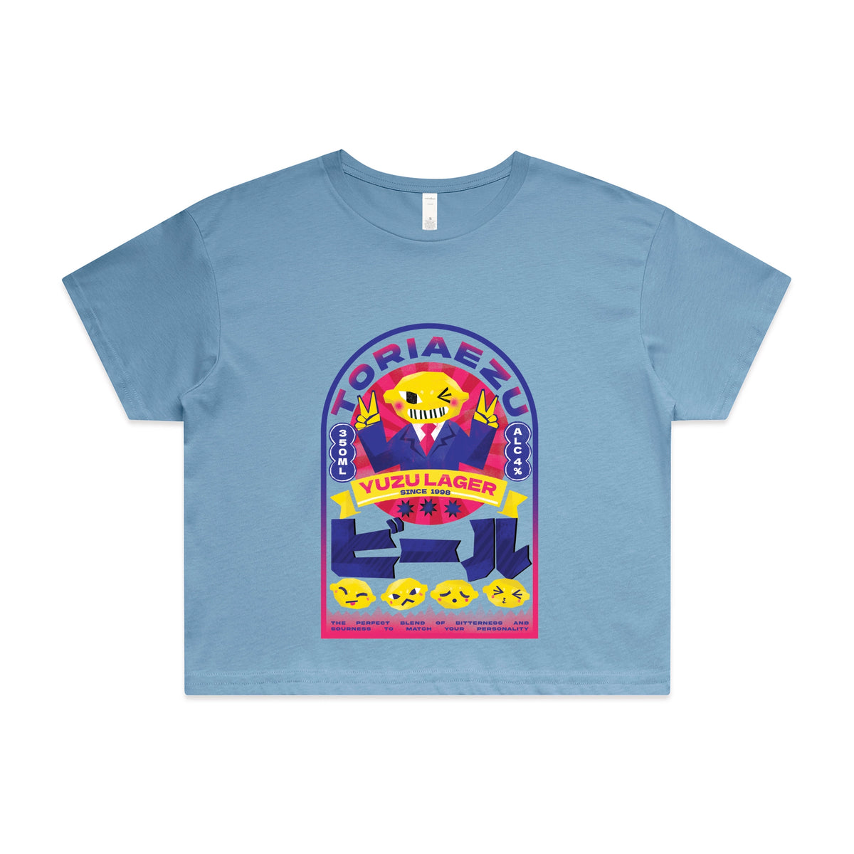 Carolina Blue crop top with Toriaezu graphic by Lonely Kids Club