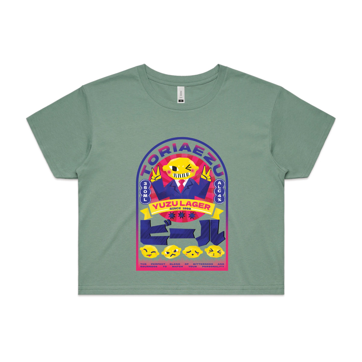 Sage crop top with Toriaezu graphic by Lonely Kids Club