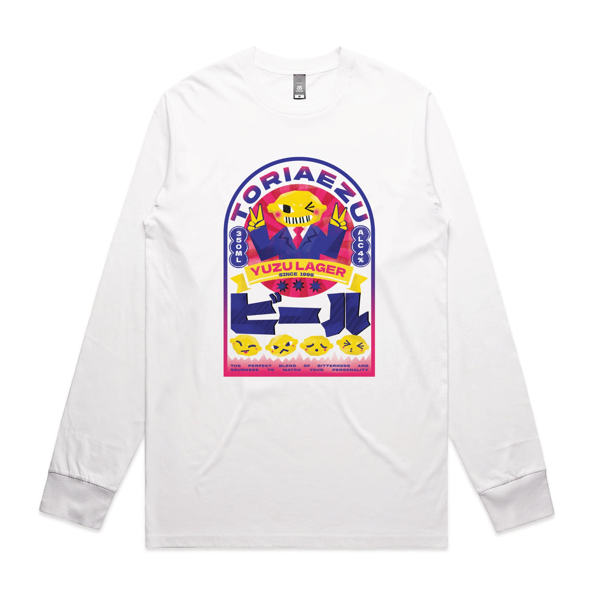 White long sleeve t-shirt with Toriaezu graphic by Lonely Kids Club