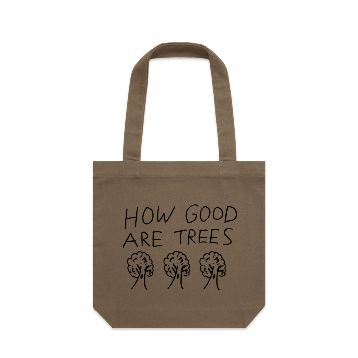 Walnut carrie tote with How Good Are Trees Tote graphic by Lonely Kids Club