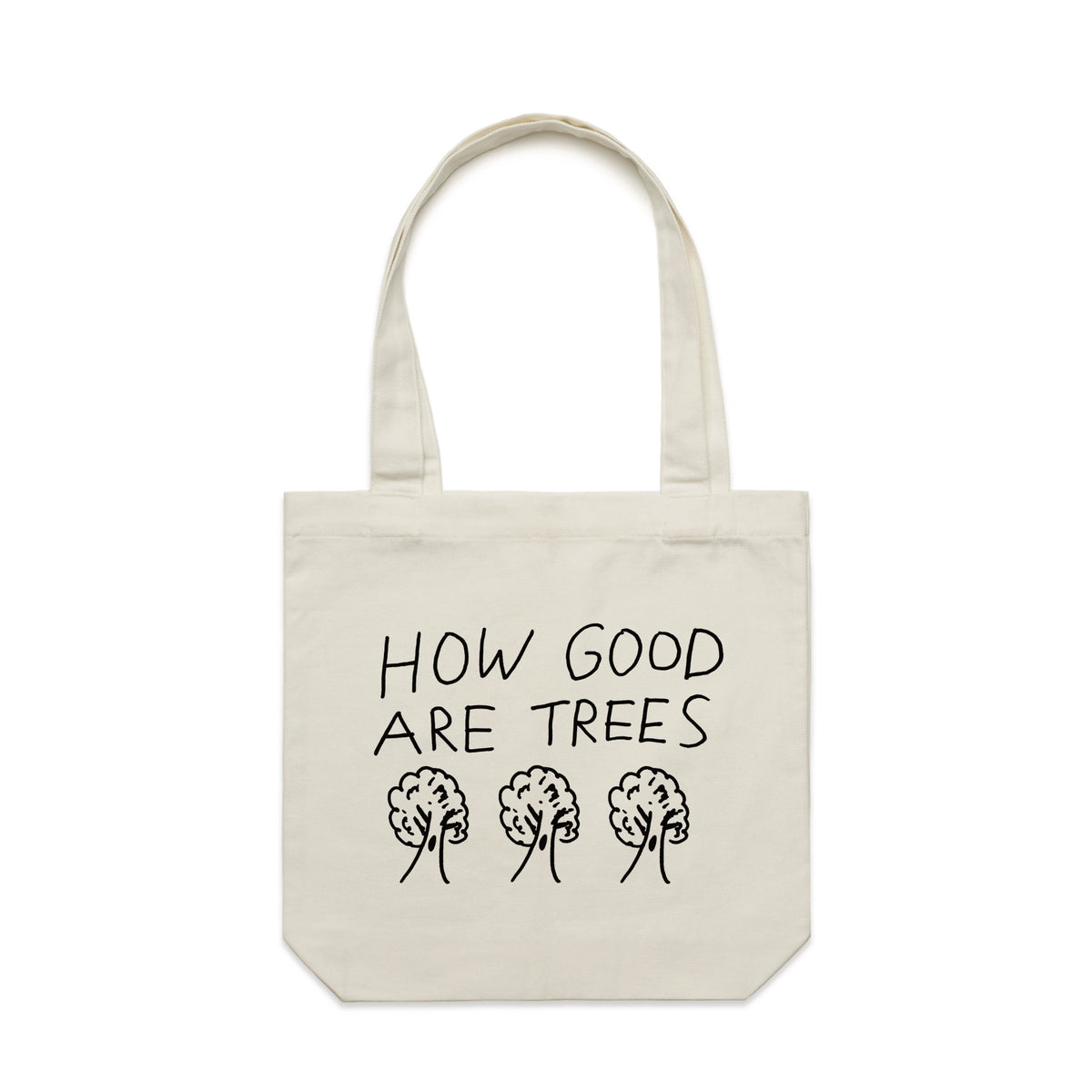 Cream carrie tote with How Good Are Trees Tote graphic by Lonely Kids Club
