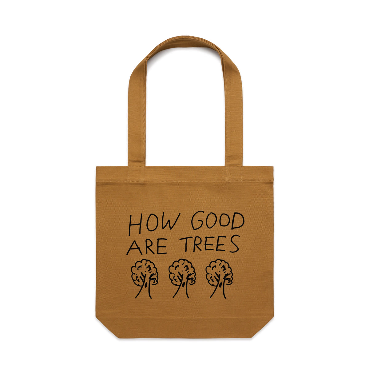 Camel carrie tote with How Good Are Trees Tote graphic by Lonely Kids Club