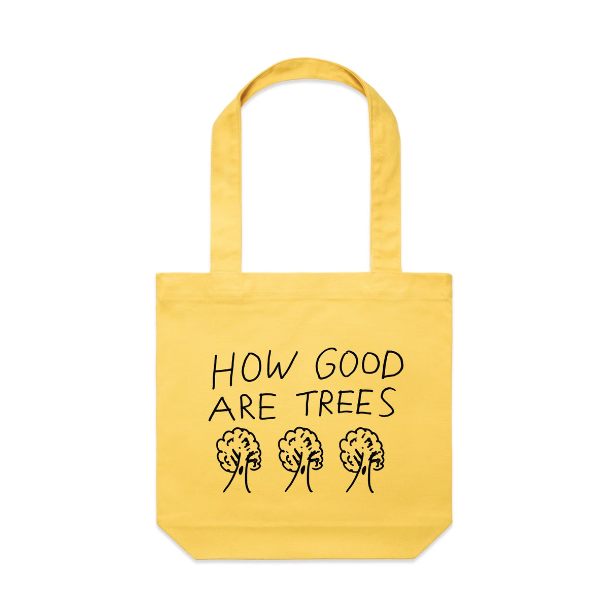 Yellow carrie tote with How Good Are Trees Tote graphic by Lonely Kids Club