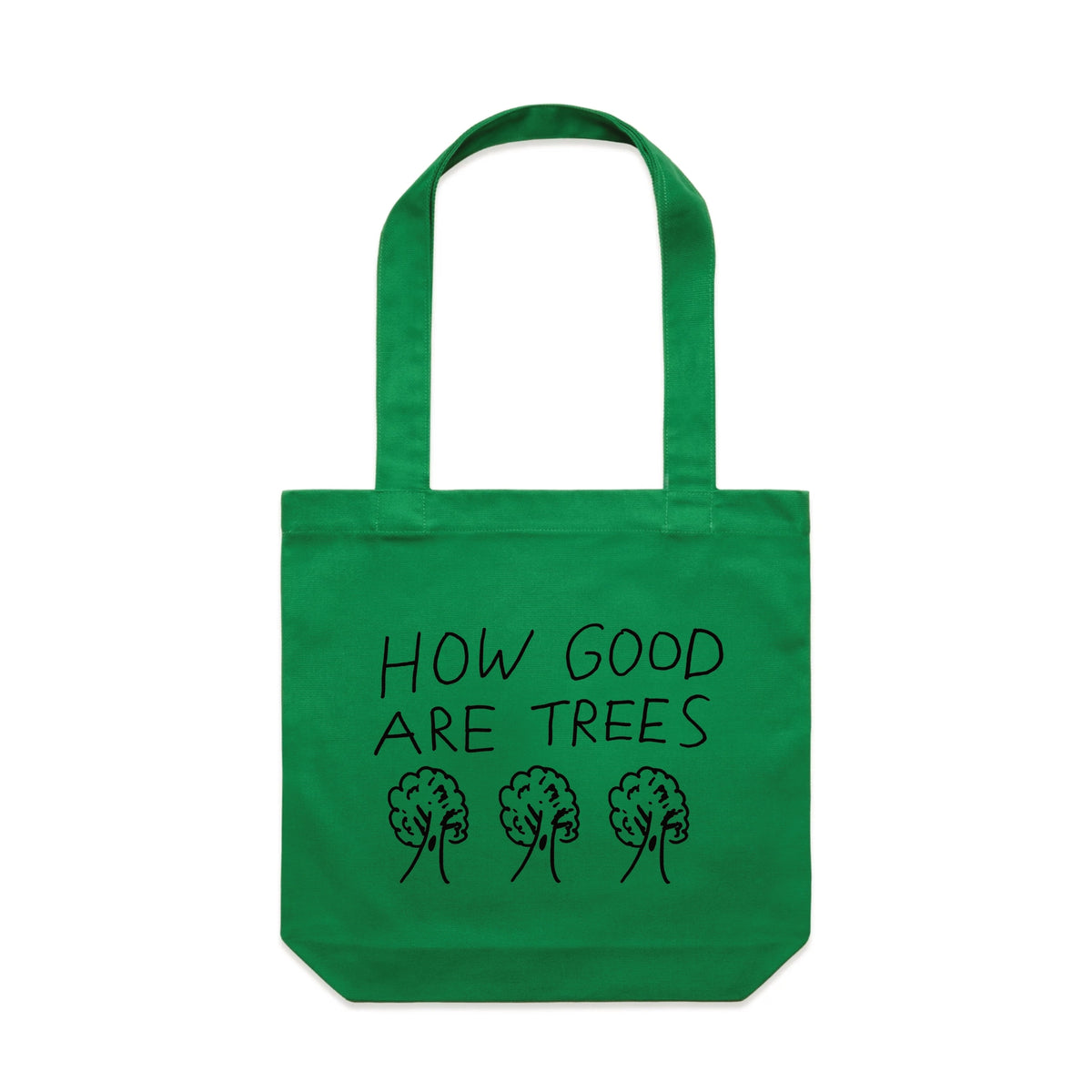 Green carrie tote with How Good Are Trees Tote graphic by Lonely Kids Club