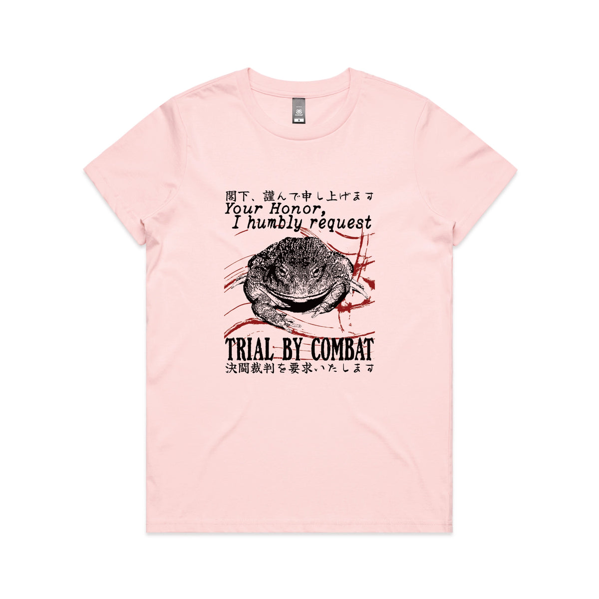 Pink fitted womens t-shirt with Trial By Combat graphic by Lonely Kids Club