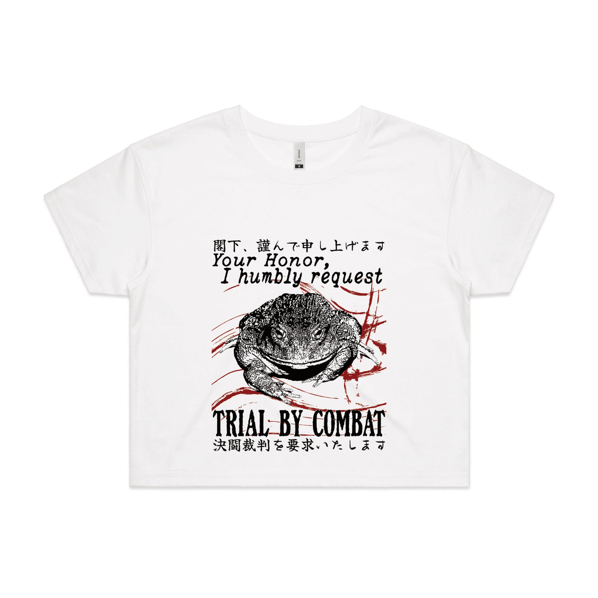 White crop top with Trial By Combat graphic by Lonely Kids Club