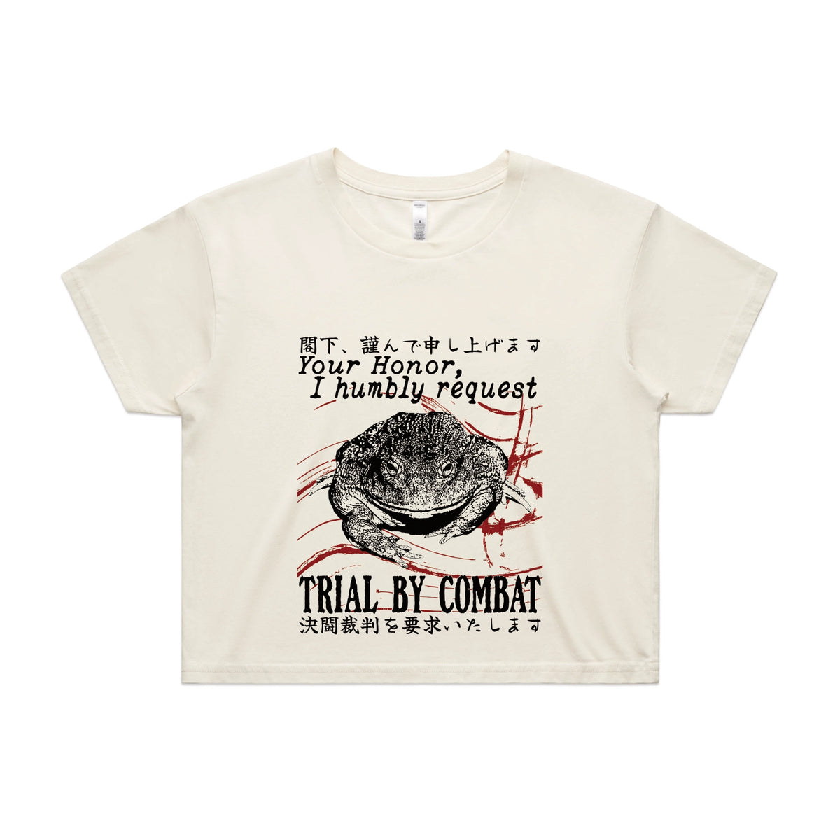 Ecru crop top with Trial By Combat graphic by Lonely Kids Club