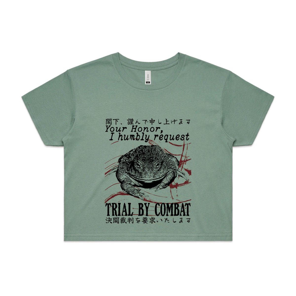 Sage crop top with Trial By Combat graphic by Lonely Kids Club