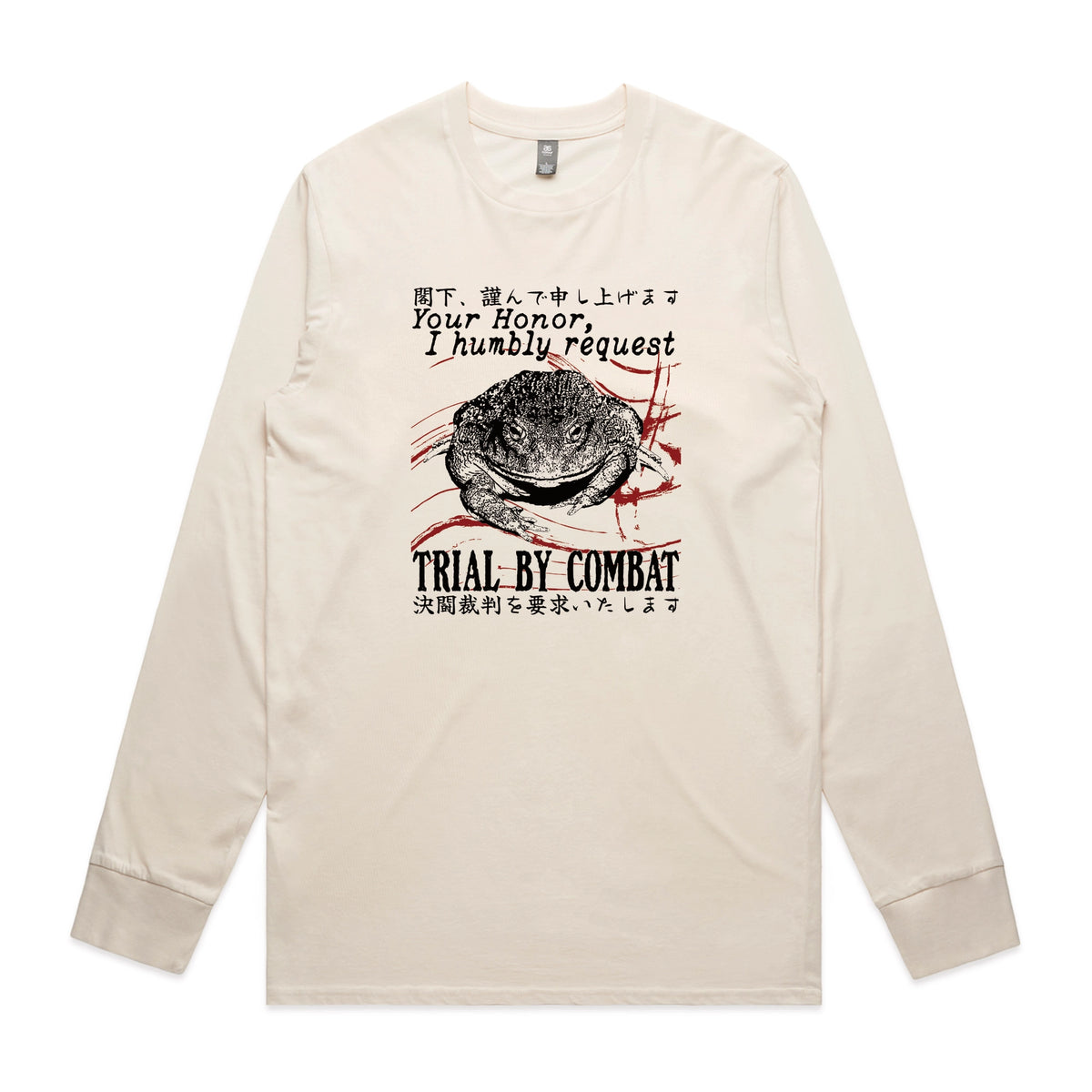 Ecru long sleeve t-shirt with Trial By Combat graphic by Lonely Kids Club