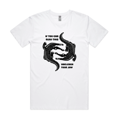 Unclench Your Jaw Tee by Lonely Kids Club. All clothing from our T-shirts to our shorts and hoodies are ethically made, and printed packed and shipped from Sydney.