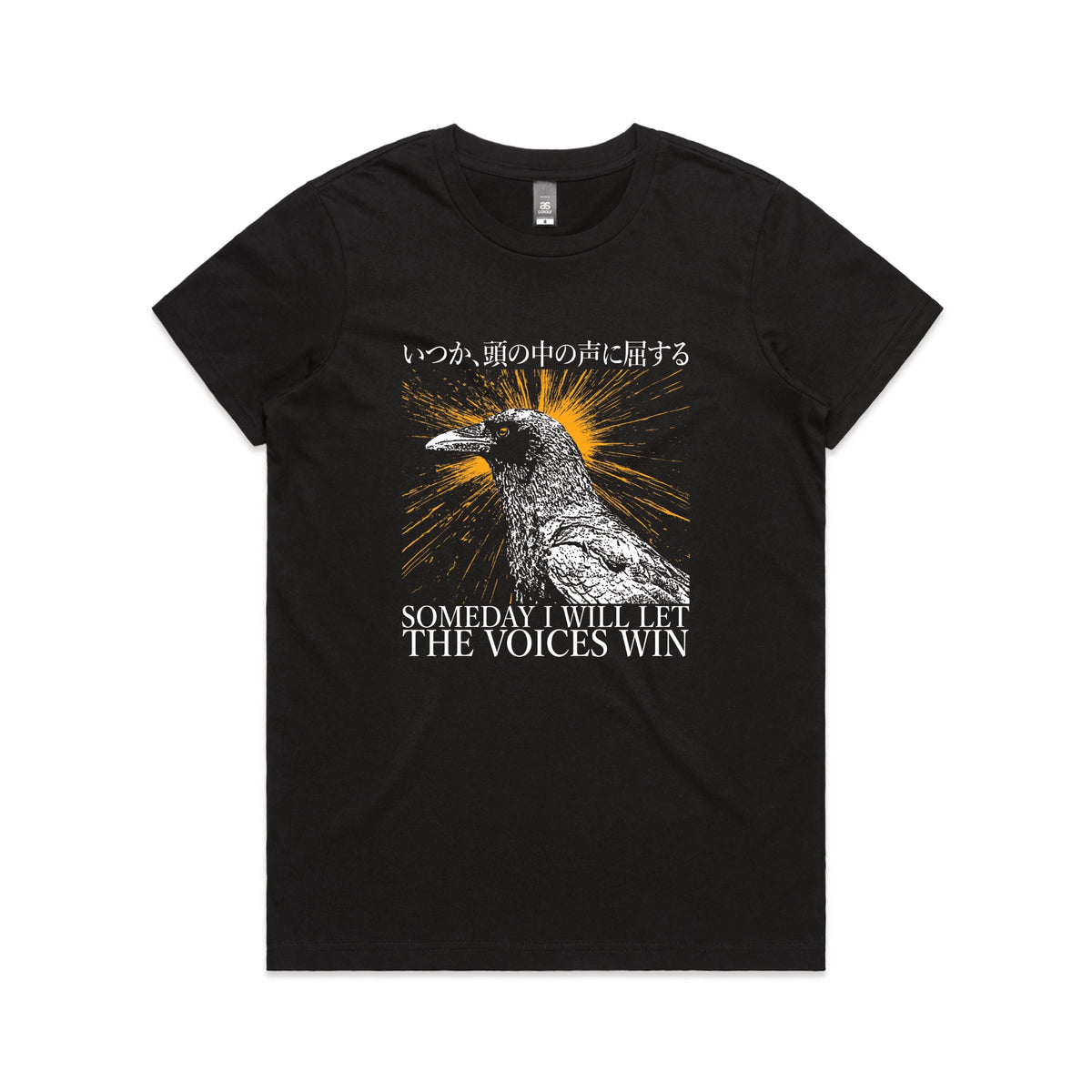 Black fitted womens t-shirt with Let The Voices Win graphic by Lonely Kids Club
