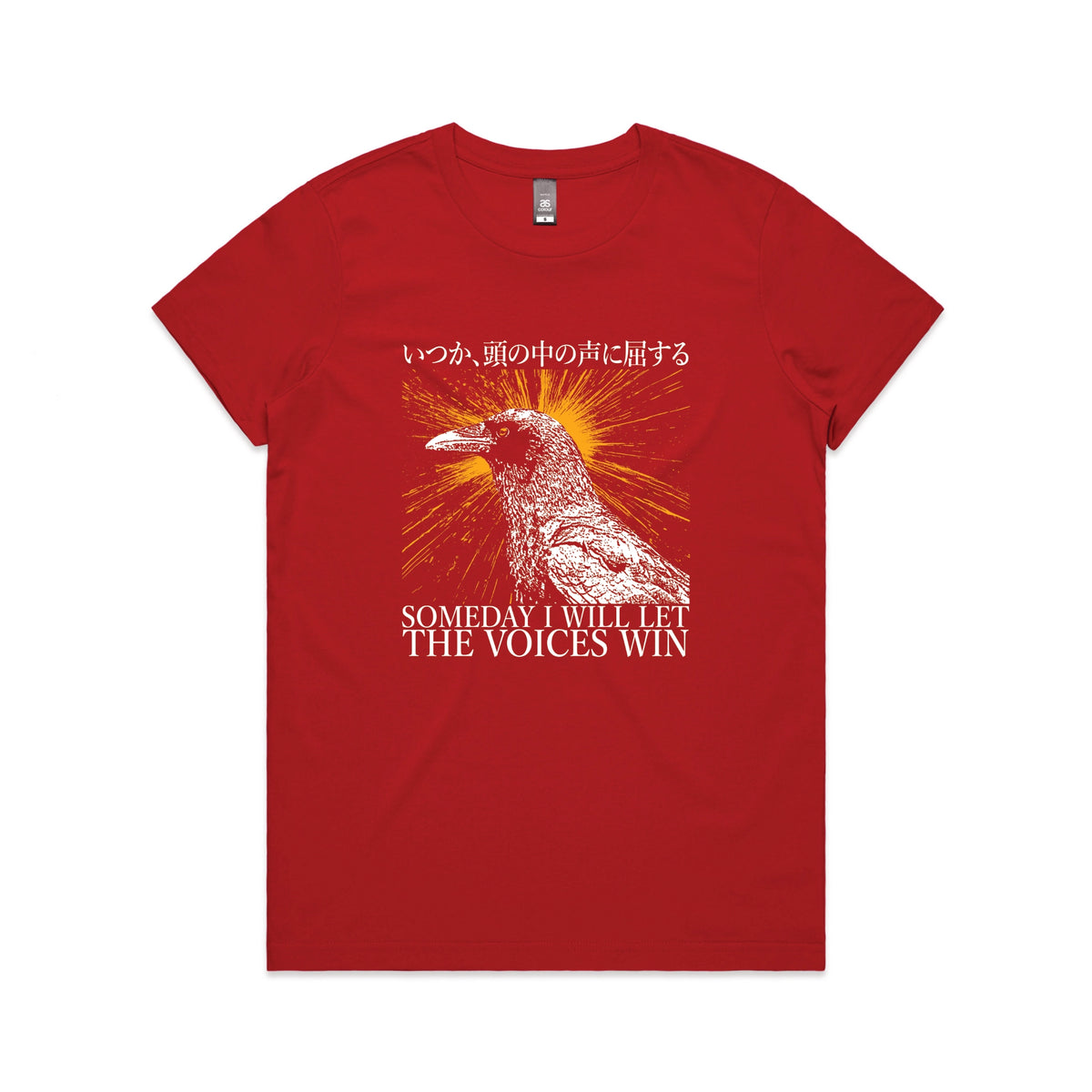 Red fitted womens t-shirt with Let The Voices Win graphic by Lonely Kids Club