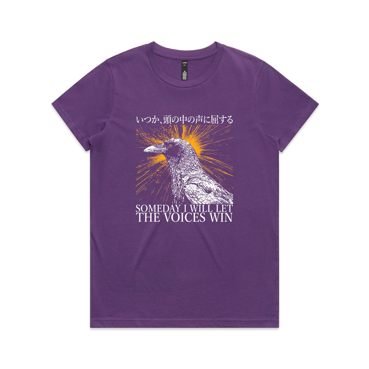 Purple fitted womens t-shirt with Let The Voices Win graphic by Lonely Kids Club
