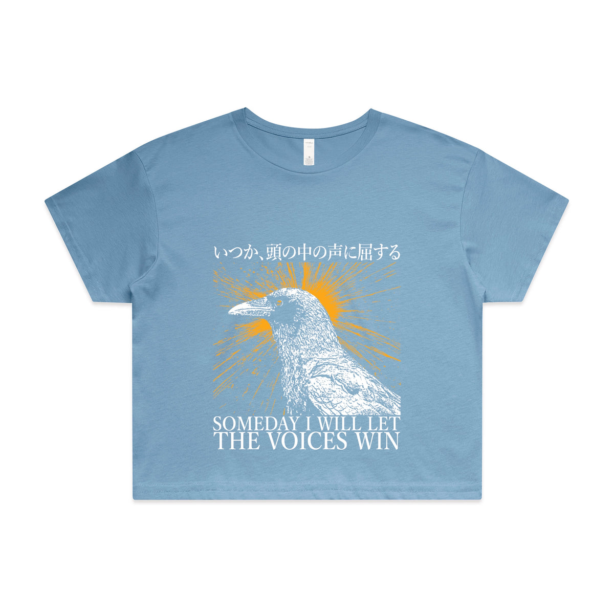 Carolina Blue crop top with Let The Voices Win graphic by Lonely Kids Club