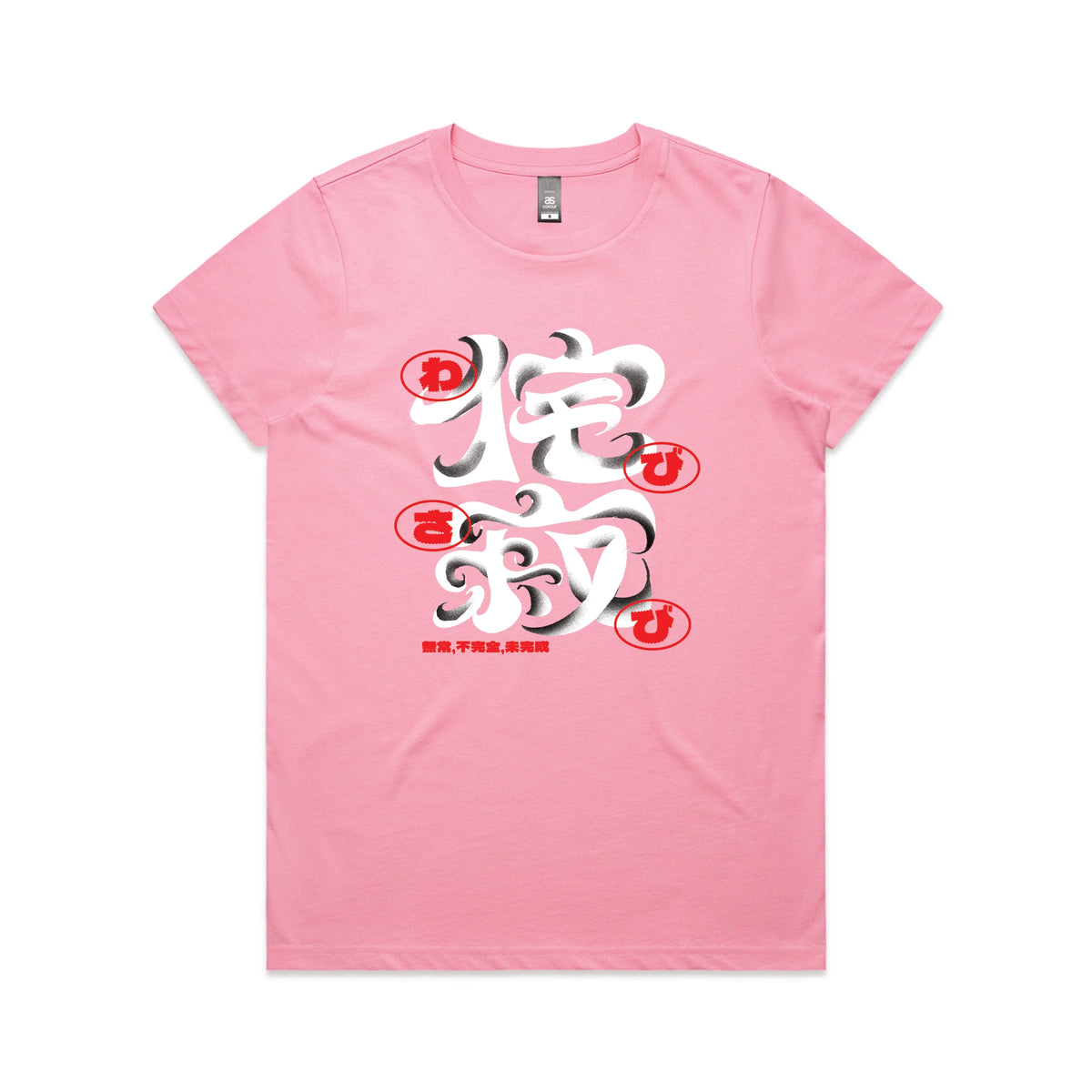 Bubblegum fitted womens t-shirt with Wabi Sabi graphic by Lonely Kids Club