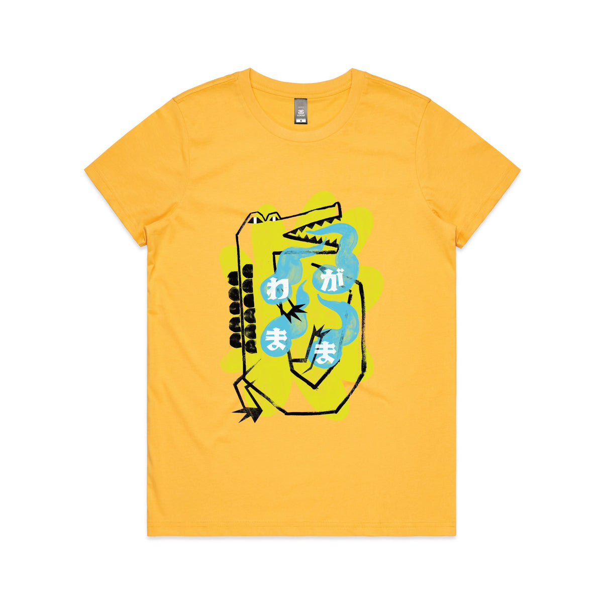 Yellow fitted womens t-shirt with Wagamama graphic by Lonely Kids Club