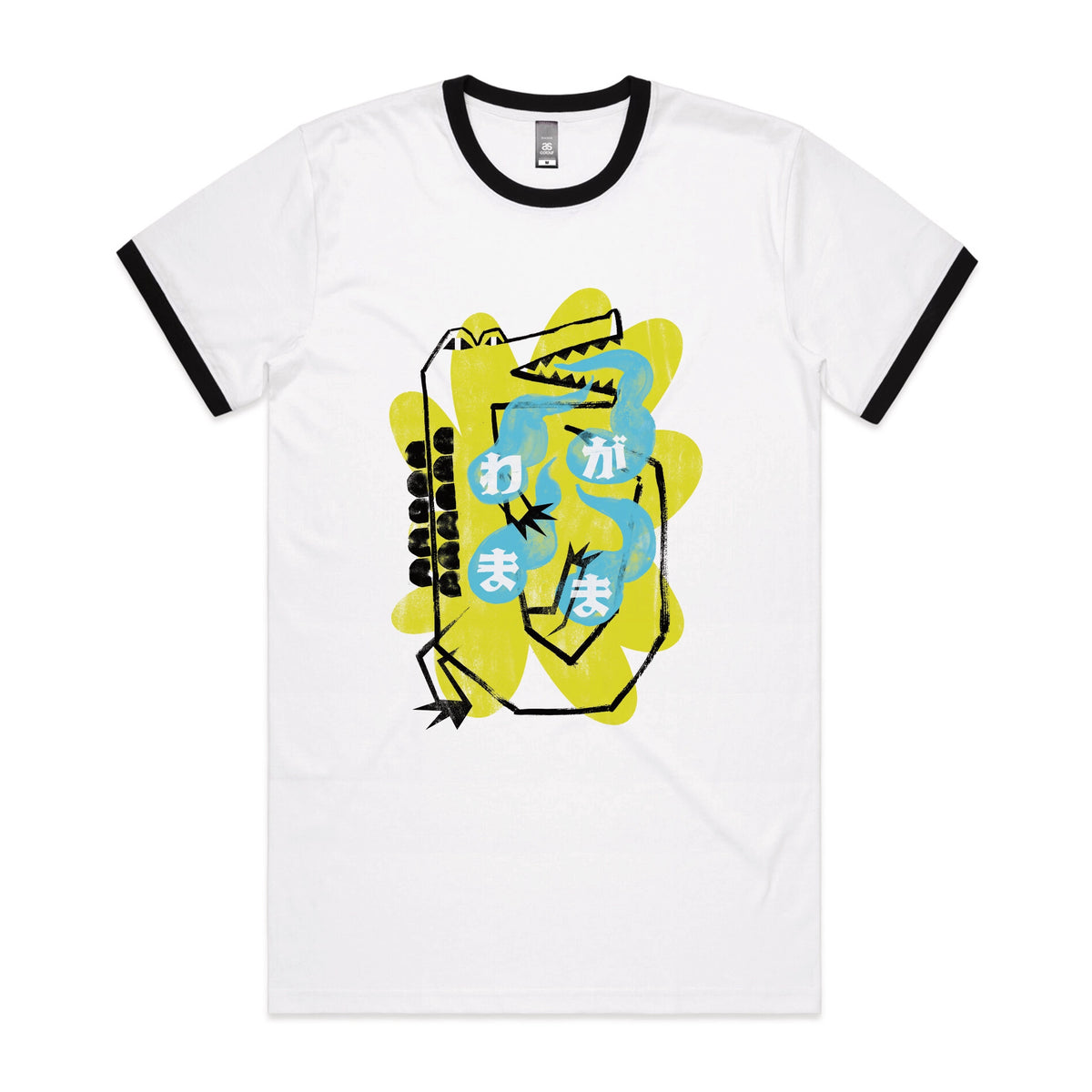 Black/White Ringer unisex t-shirt with Wagamama graphic by Lonely Kids Club