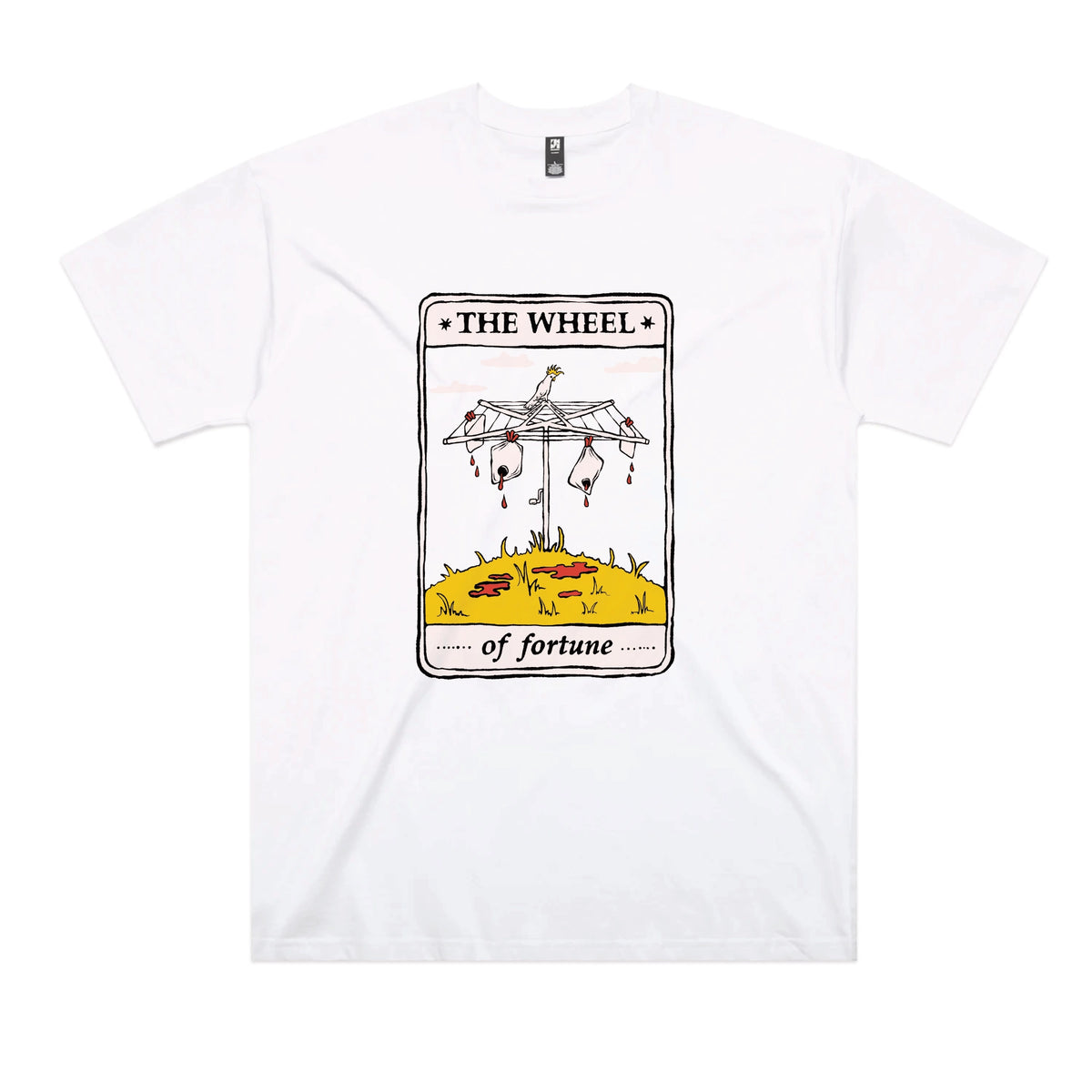White oversized t-shirt with The Wheel Tarot graphic by Lonely Kids Club