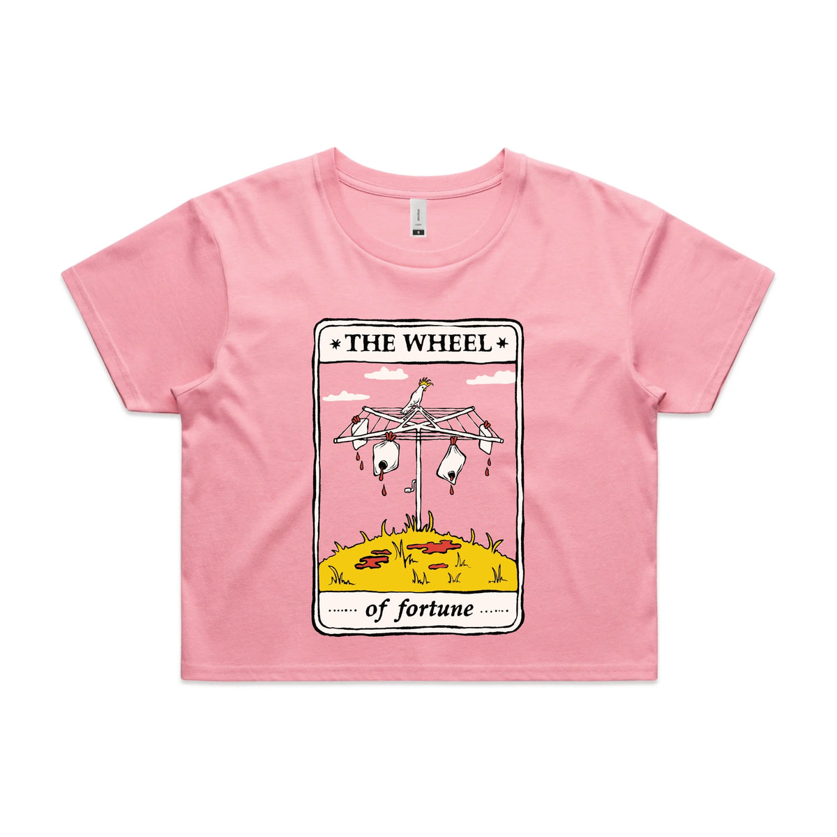 Bubblegum crop top with The Wheel Tarot graphic by Lonely Kids Club