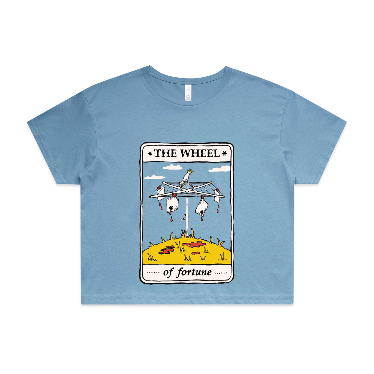 Carolina Blue crop top with The Wheel Tarot graphic by Lonely Kids Club