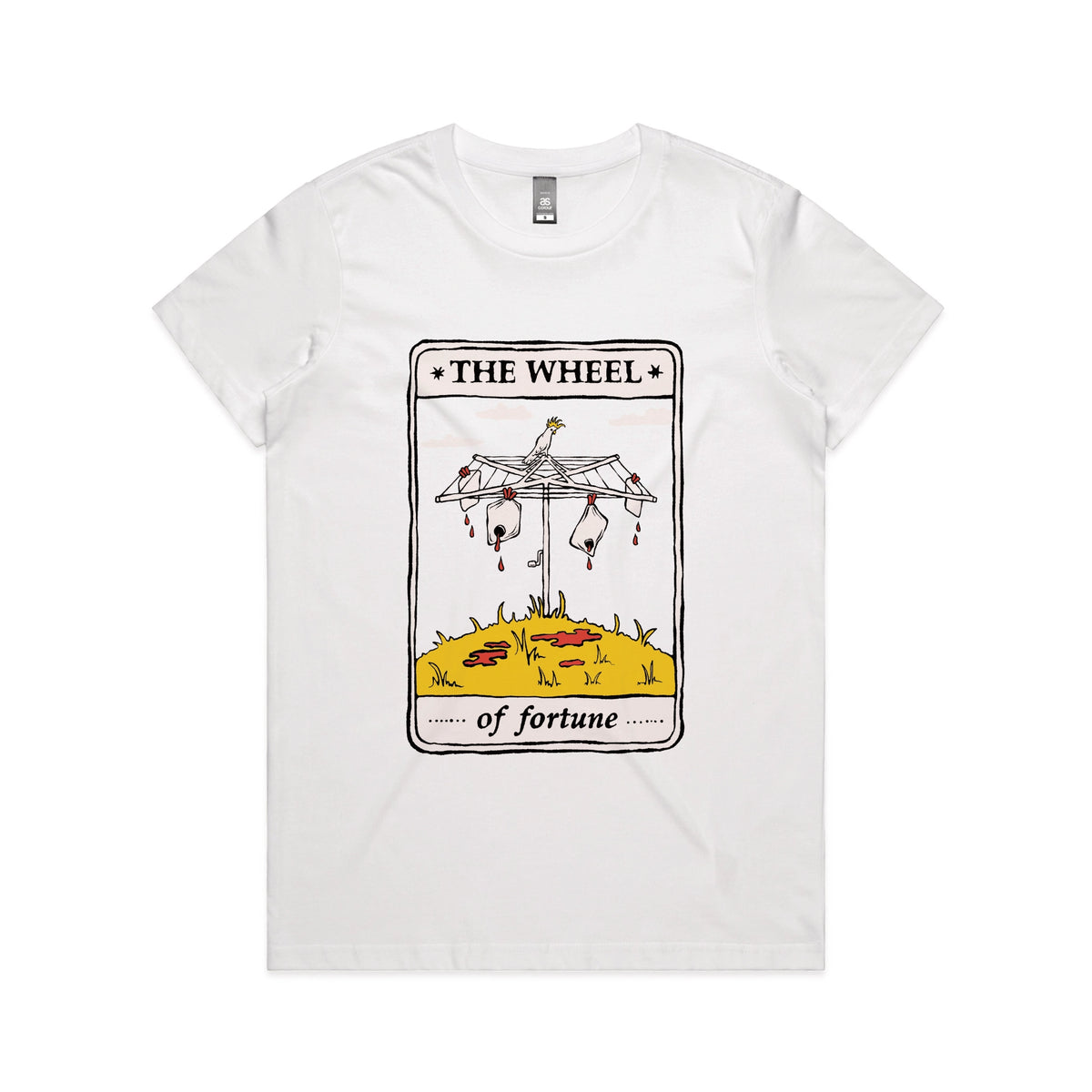 White fitted womens t-shirt with The Wheel Tarot graphic by Lonely Kids Club