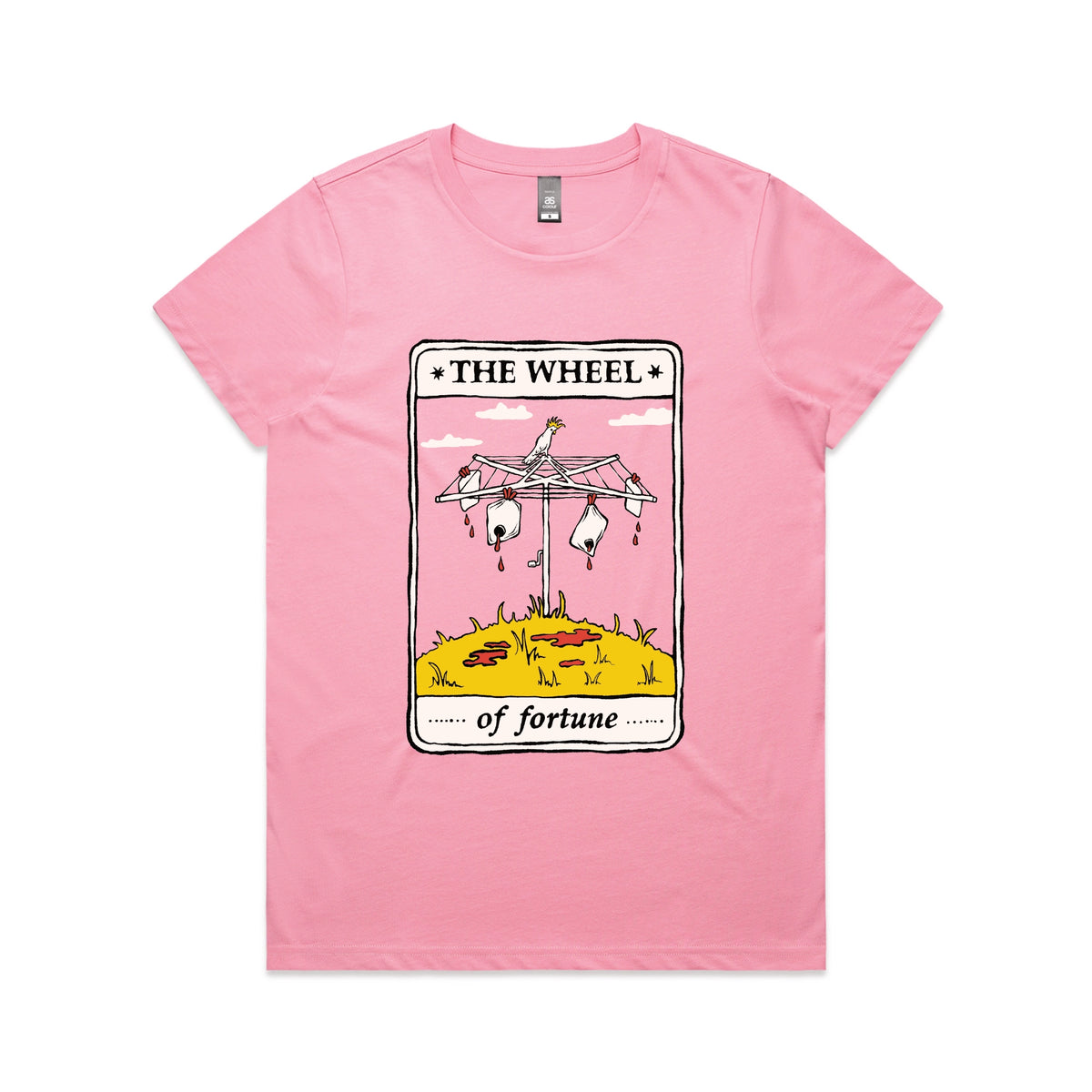 Bubblegum fitted womens t-shirt with The Wheel Tarot graphic by Lonely Kids Club