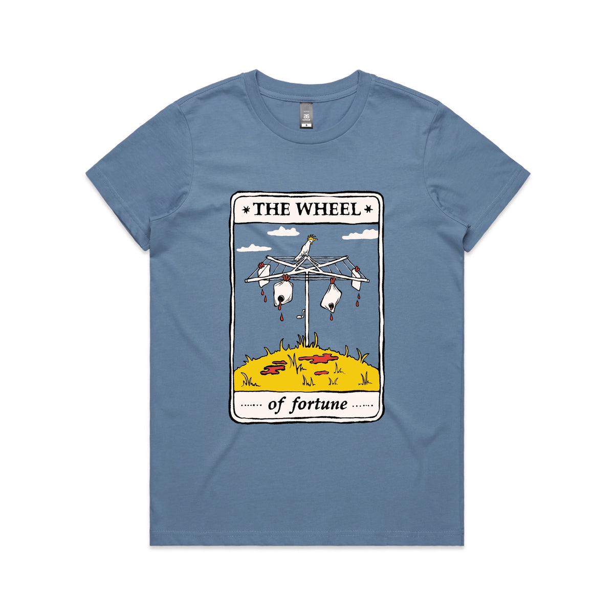 Carolina Blue fitted womens t-shirt with The Wheel Tarot graphic by Lonely Kids Club