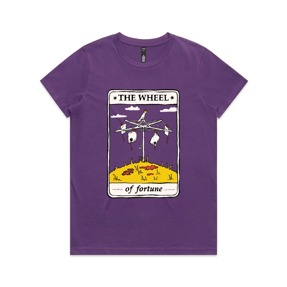 Purple fitted womens t-shirt with The Wheel Tarot graphic by Lonely Kids Club