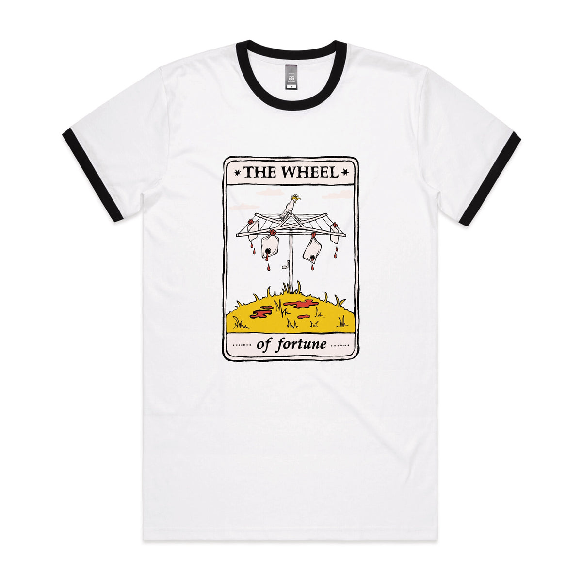 Black/White Ringer unisex t-shirt with The Wheel Tarot graphic by Lonely Kids Club