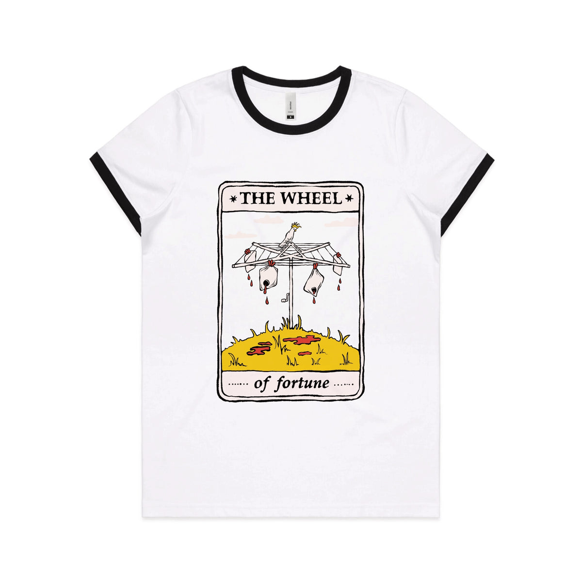 Black/White Ringer fitted womens t-shirt with The Wheel Tarot graphic by Lonely Kids Club