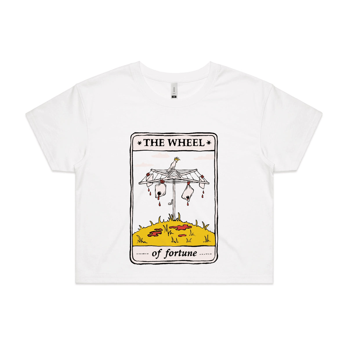 White crop top with The Wheel Tarot graphic by Lonely Kids Club