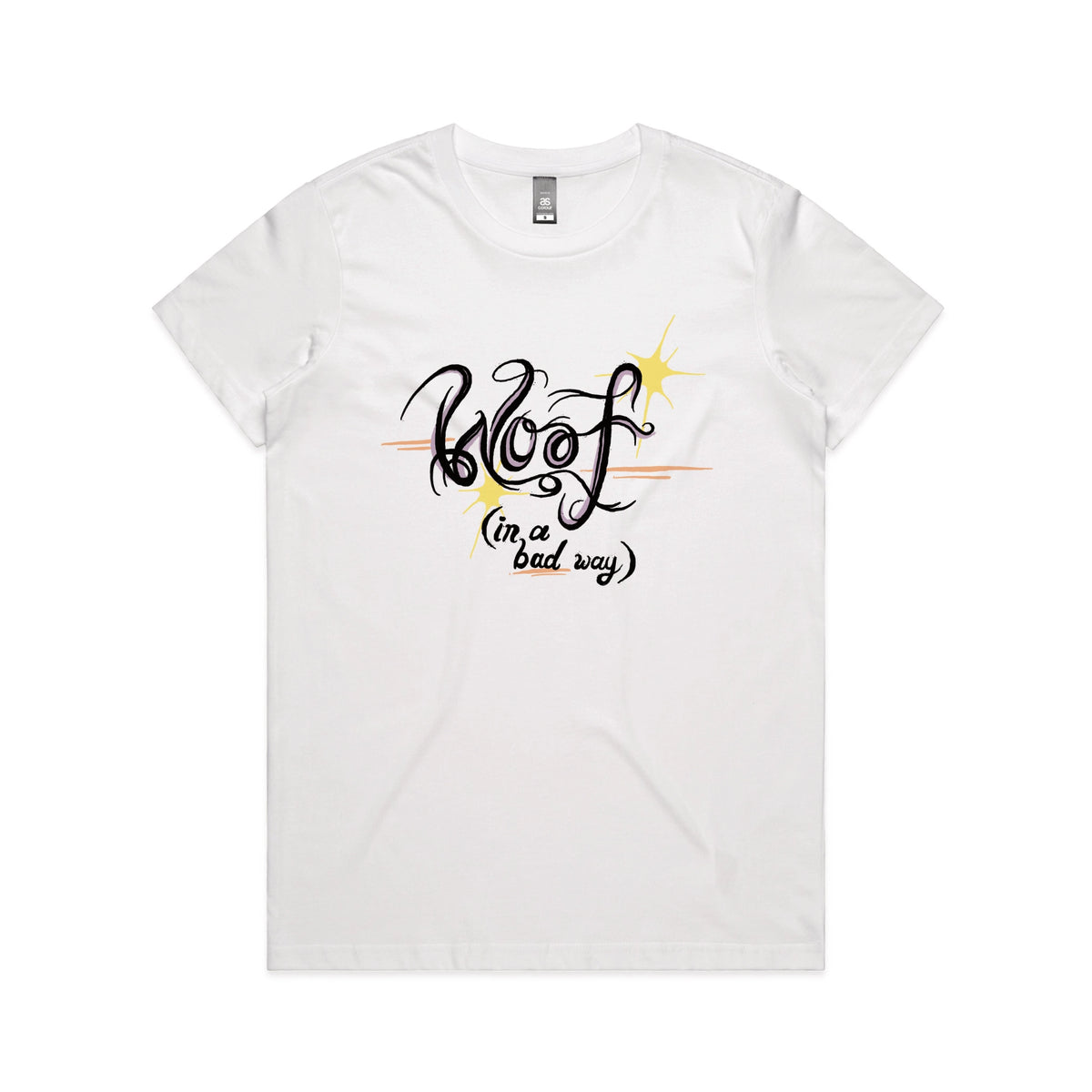 White fitted womens t-shirt with Woof graphic by Lonely Kids Club