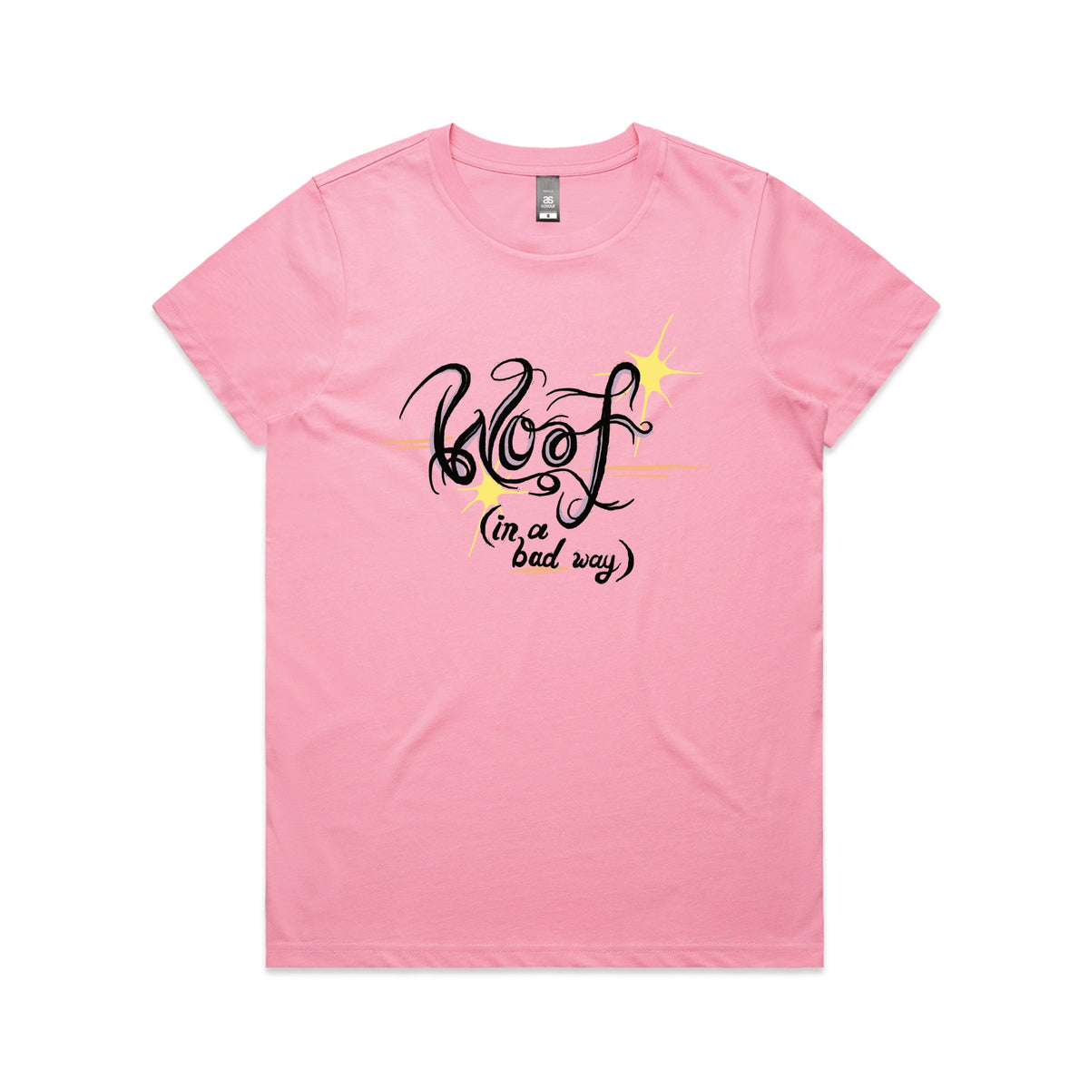 Bubblegum fitted womens t-shirt with Woof graphic by Lonely Kids Club