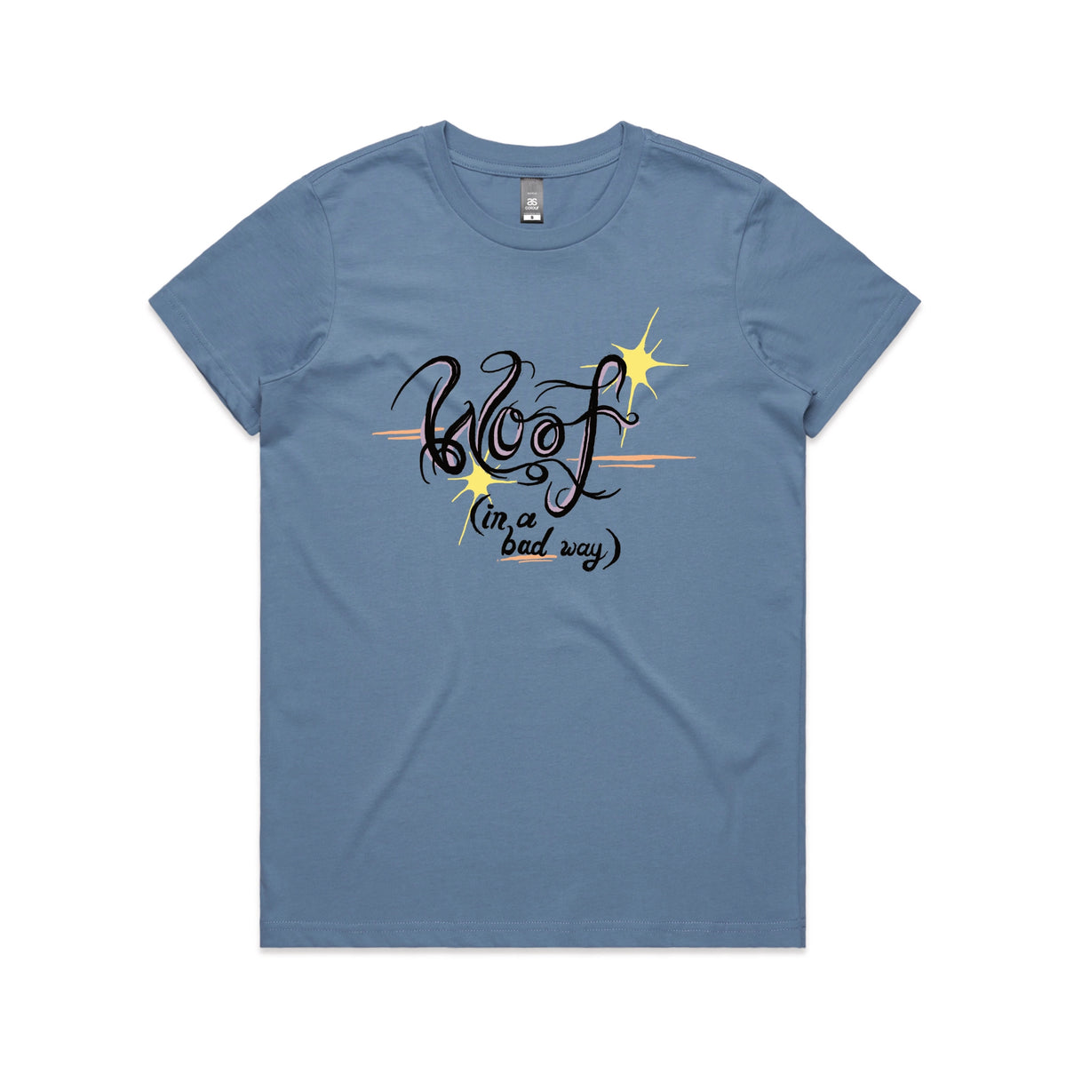 Carolina Blue fitted womens t-shirt with Woof graphic by Lonely Kids Club