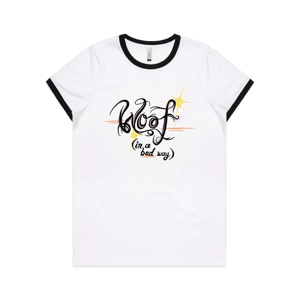 Black/White Ringer fitted womens t-shirt with Woof graphic by Lonely Kids Club