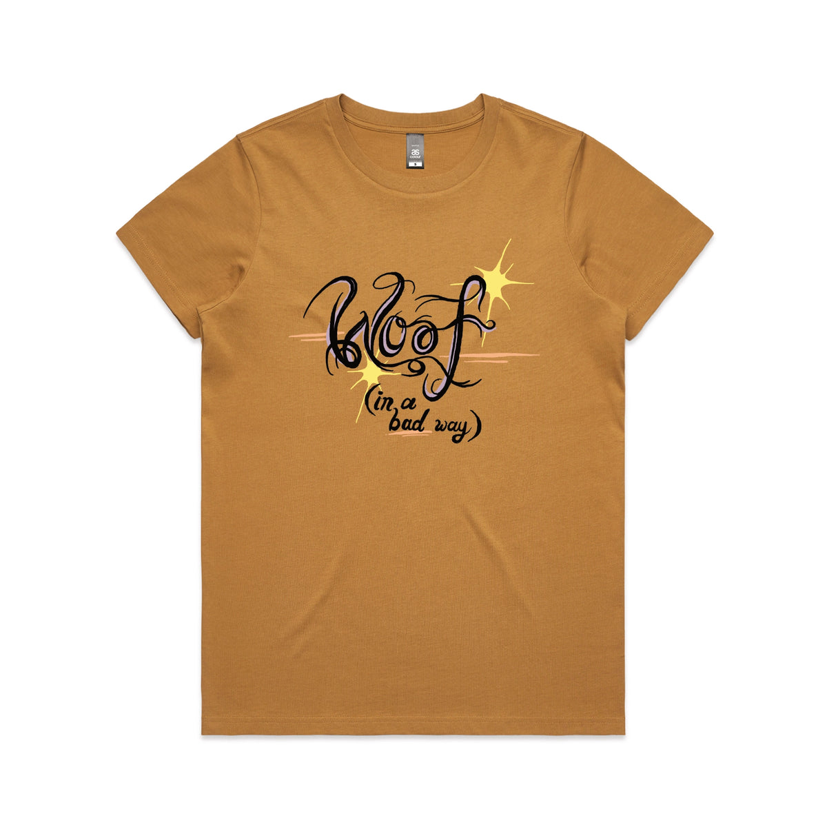 Camel fitted womens t-shirt with Woof graphic by Lonely Kids Club