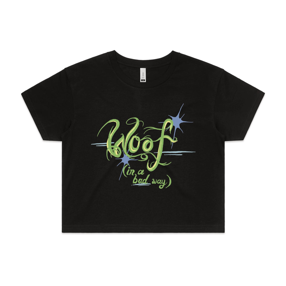 Black crop top with Woof graphic by Lonely Kids Club
