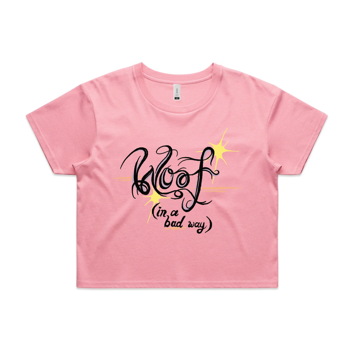 Bubblegum crop top with Woof graphic by Lonely Kids Club