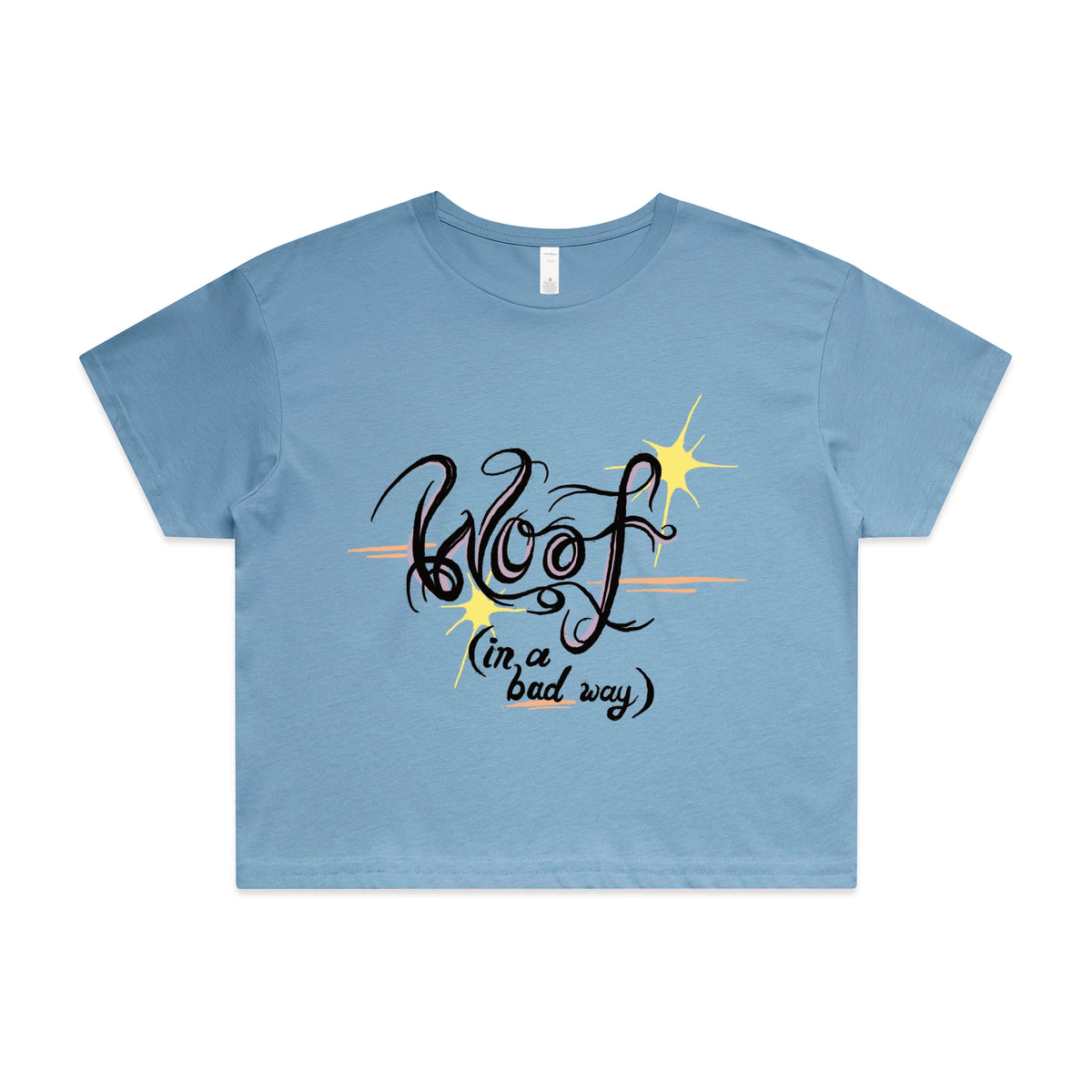 Carolina Blue crop top with Woof graphic by Lonely Kids Club