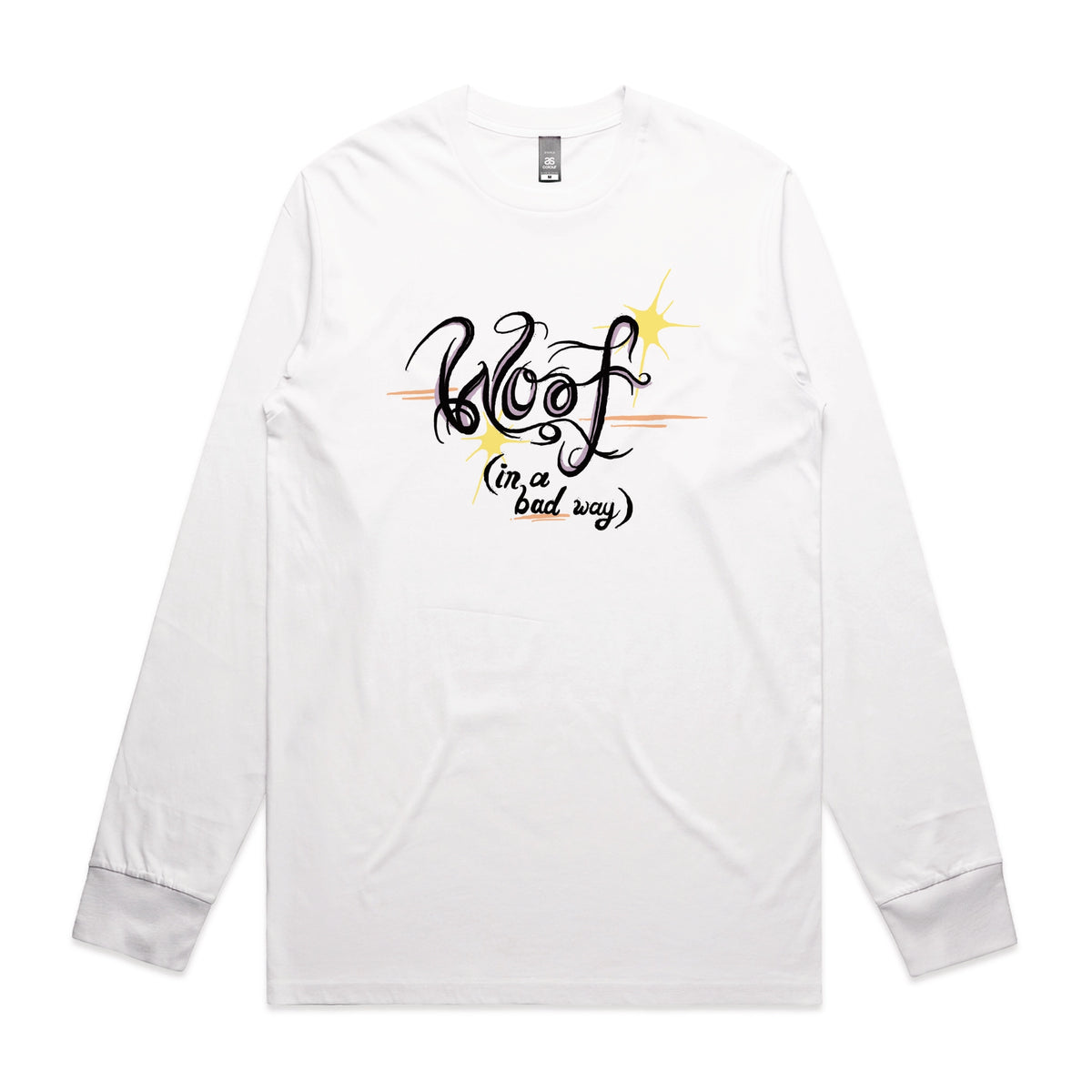 White long sleeve t-shirt with Woof graphic by Lonely Kids Club
