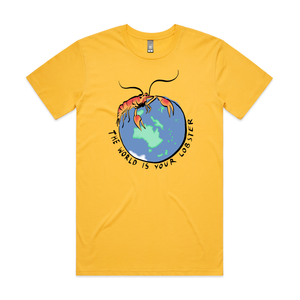 World Is Your Lobster Tee by Lonely Kids Club. All clothing from our T-shirts to our shorts and hoodies are ethically made, and printed packed and shipped from Sydney.