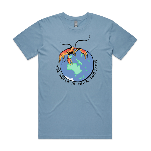 World Is Your Lobster Tee by Lonely Kids Club. All clothing from our T-shirts to our shorts and hoodies are ethically made, and printed packed and shipped from Sydney.